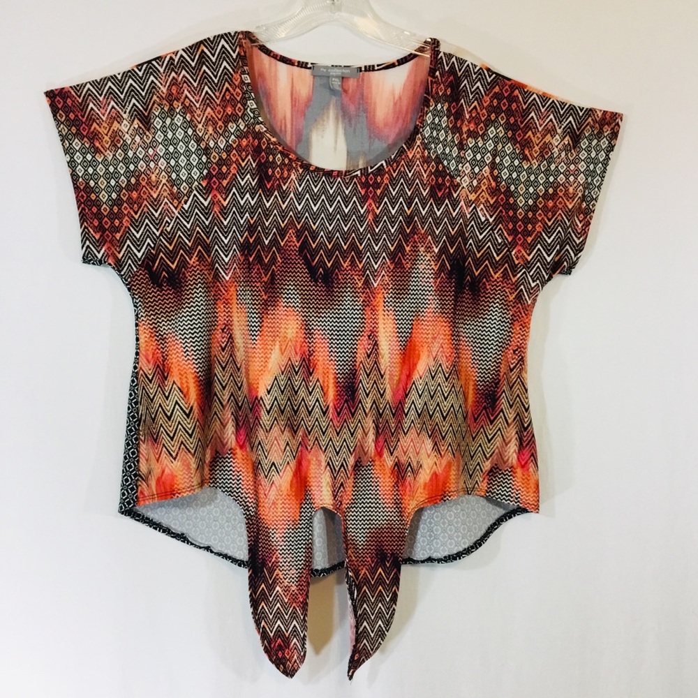 Aztec look,  Crop Top Orange/Black Southwestern High Low Front Tie. XL